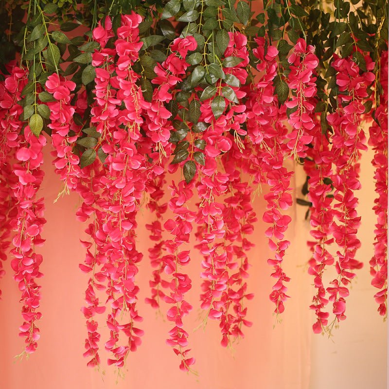 5 Pc Artificial Silk Hanging Wisteria Flower Garland Vines, 3 Strands in 1 Bush 44" Rose Red - YauSpark