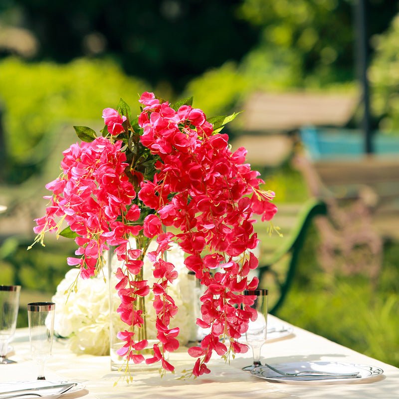 5 Pc Artificial Silk Hanging Wisteria Flower Garland Vines, 3 Strands in 1 Bush 44" Rose Red - YauSpark