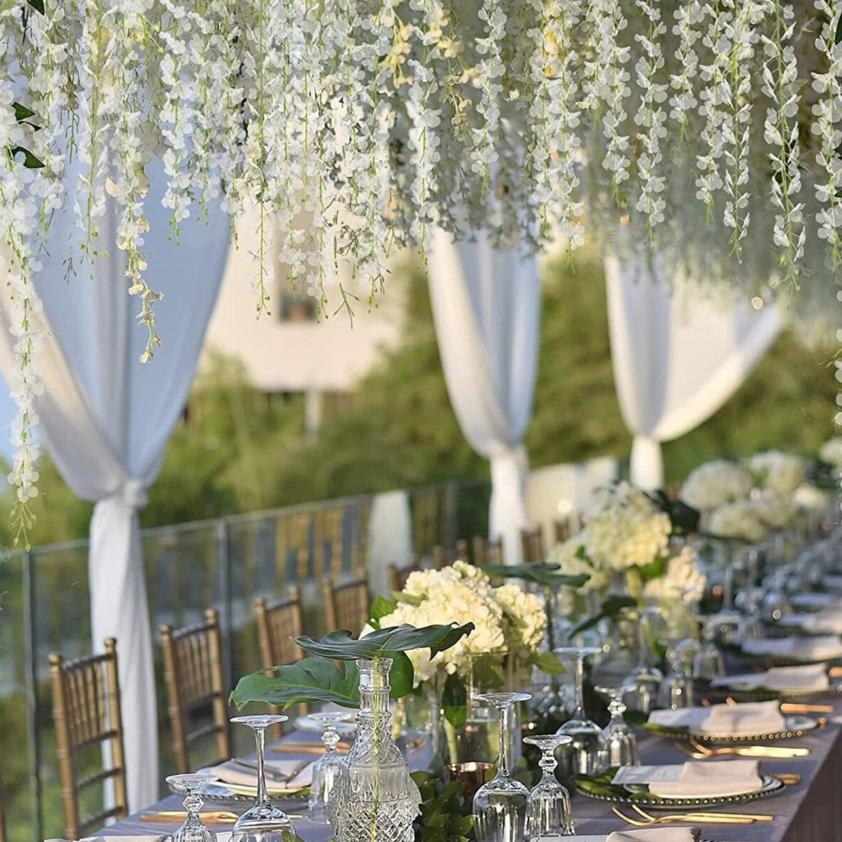 5 Pc Artificial Silk Hanging Wisteria Flower Garland Vines, 3 Strands in 1 Bush 44" White - YauSpark