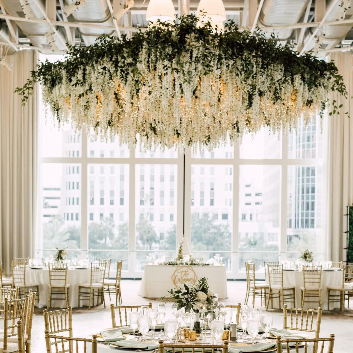 5 Pc Artificial Silk Hanging Wisteria Flower Garland Vines, 3 Strands in 1 Bush 44" White - YauSpark