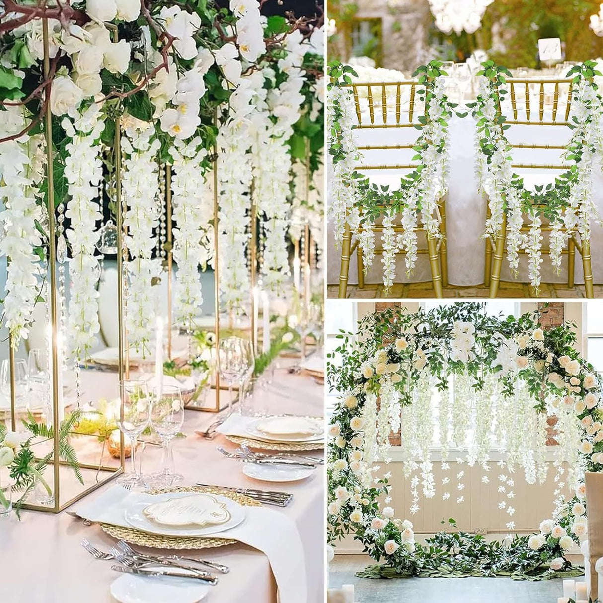 5 Pc Artificial Silk Hanging Wisteria Flower Garland Vines, 3 Strands in 1 Bush 44" White - YauSpark