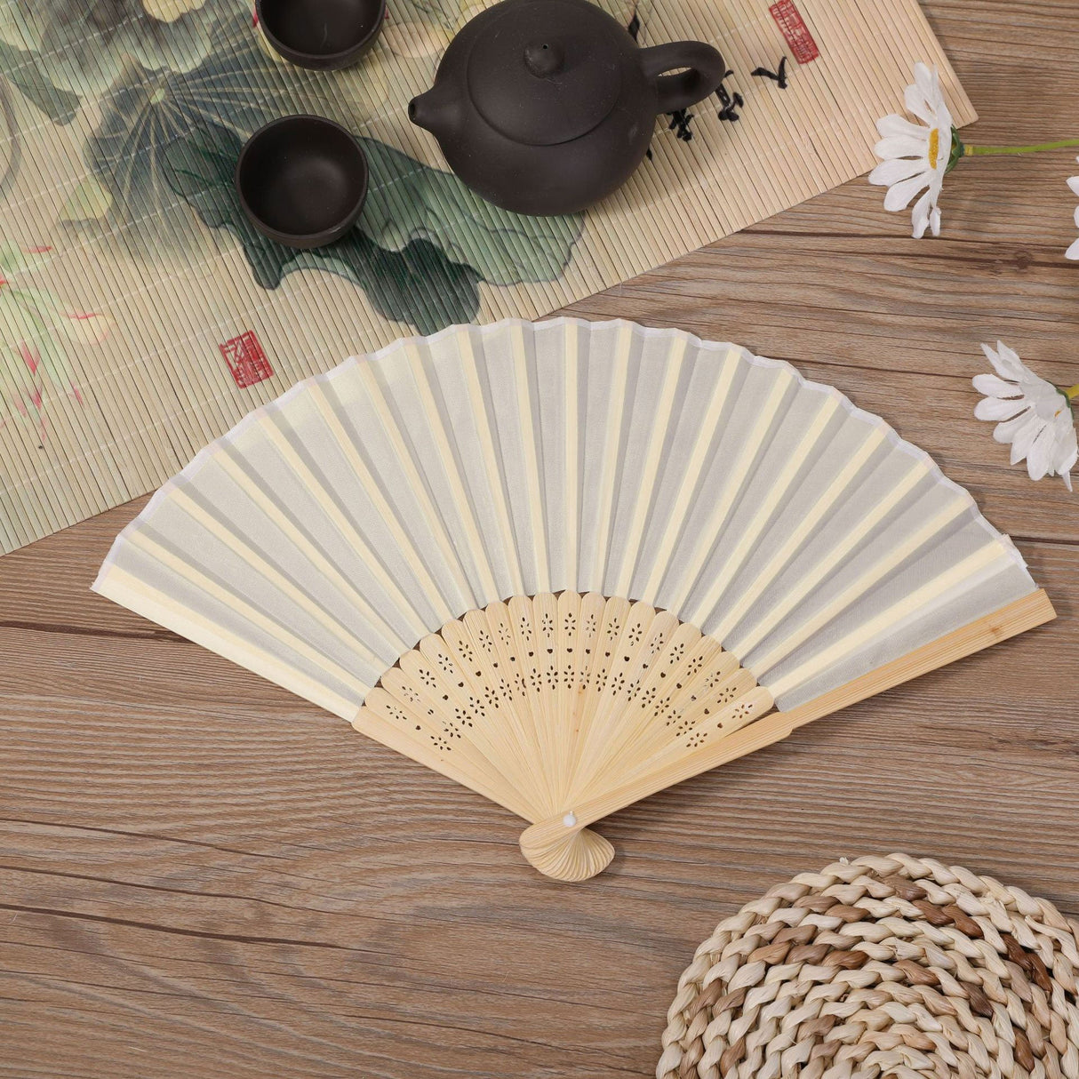 5 Pc Asian Silk Folding Fans Party Favors Beige - YauSpark