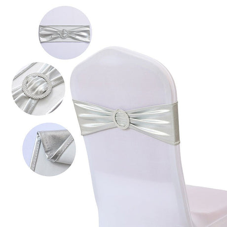 5 Pc Metallic Stretch Chair Sashes Bows 6"x14" Silver - YauSpark