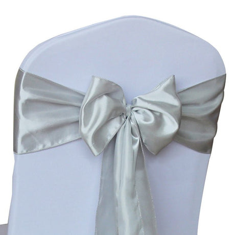 5 Pc Satin Chair Cover Sashes Bows 6.8" x 110" Silver - YauSpark