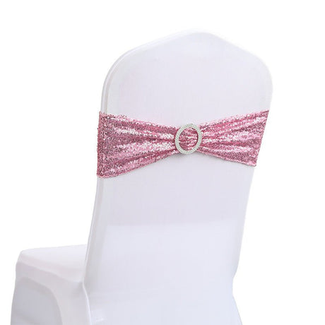 5 Pc Sequin Spandex Chair Sashes 6"x14" Rose Pink - YauSpark