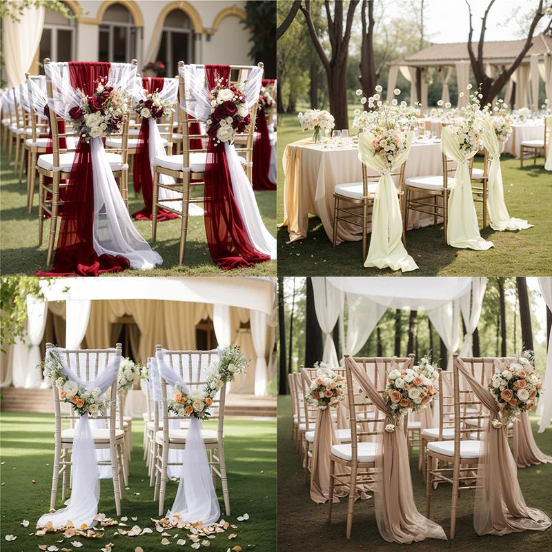 5 Pc Wedding Chiffon Chair Sashes Cover 8"x100" Purple & Beige - YauSpark