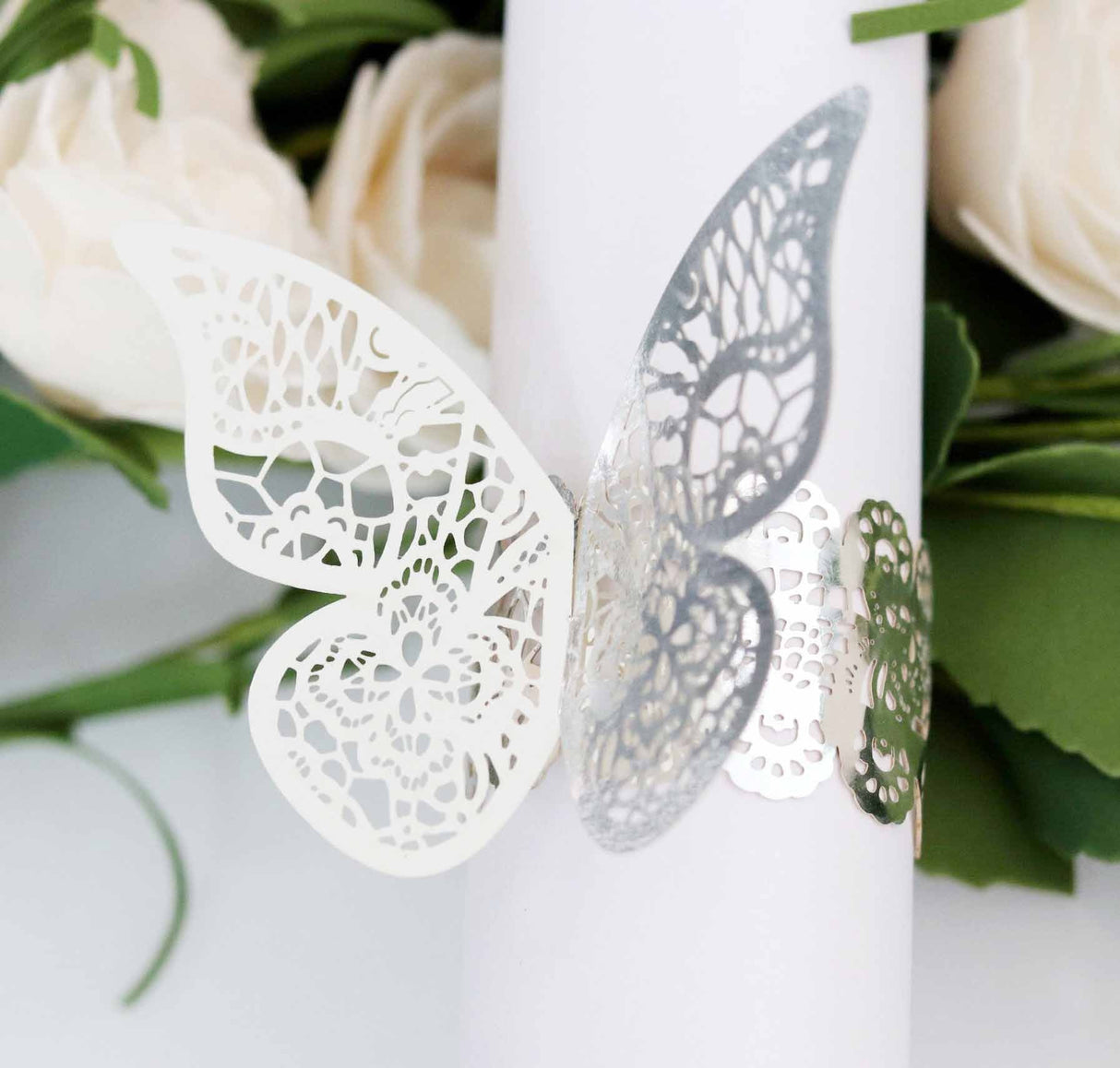 50 Pc Paper Napkin Rings Shimmery Butterfly Laser Cut Mirror Silver - YauSpark