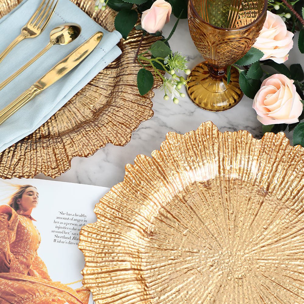 6 Pc Round Reef Design Acrylic Plastic Charger Plates 13" Gold - YauSpark