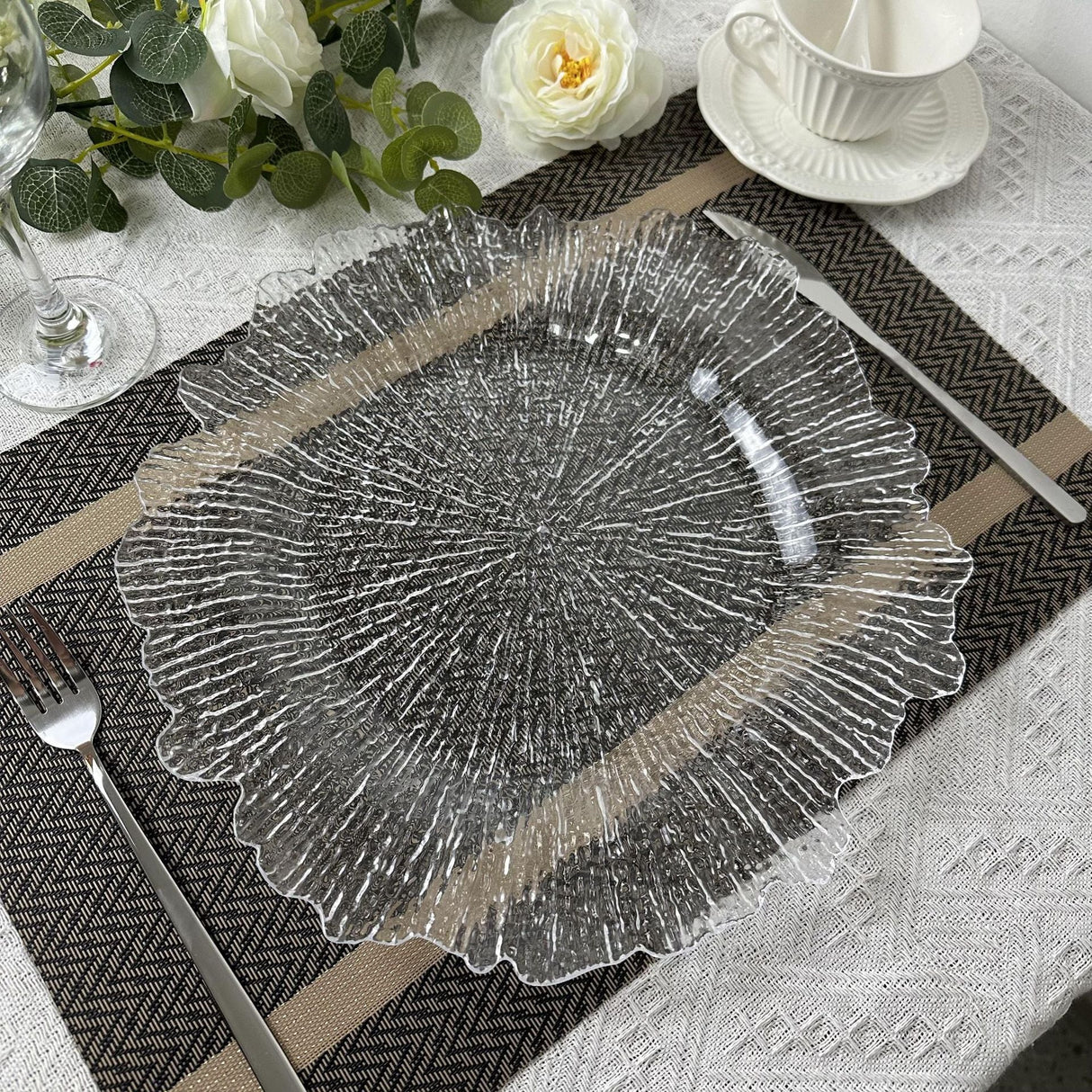 6 Pc Round Reef Design Acrylic Plastic Charger Plates 13" Transparent - YauSpark