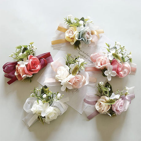 6 Pcs Wedding Two - Headed Rose Wrist Corsage Blue Yellow - YauSpark