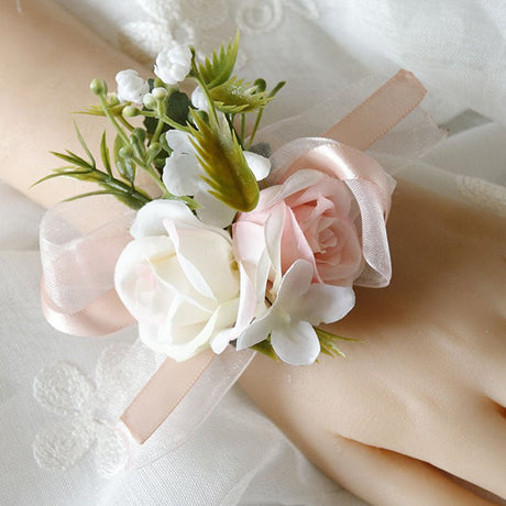 6 Pcs Wedding Two - Headed Rose Wrist Corsage Light Pink - YauSpark