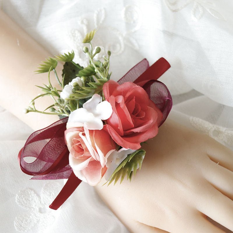 6 Pcs Wedding Two - Headed Rose Wrist Corsage Red - YauSpark