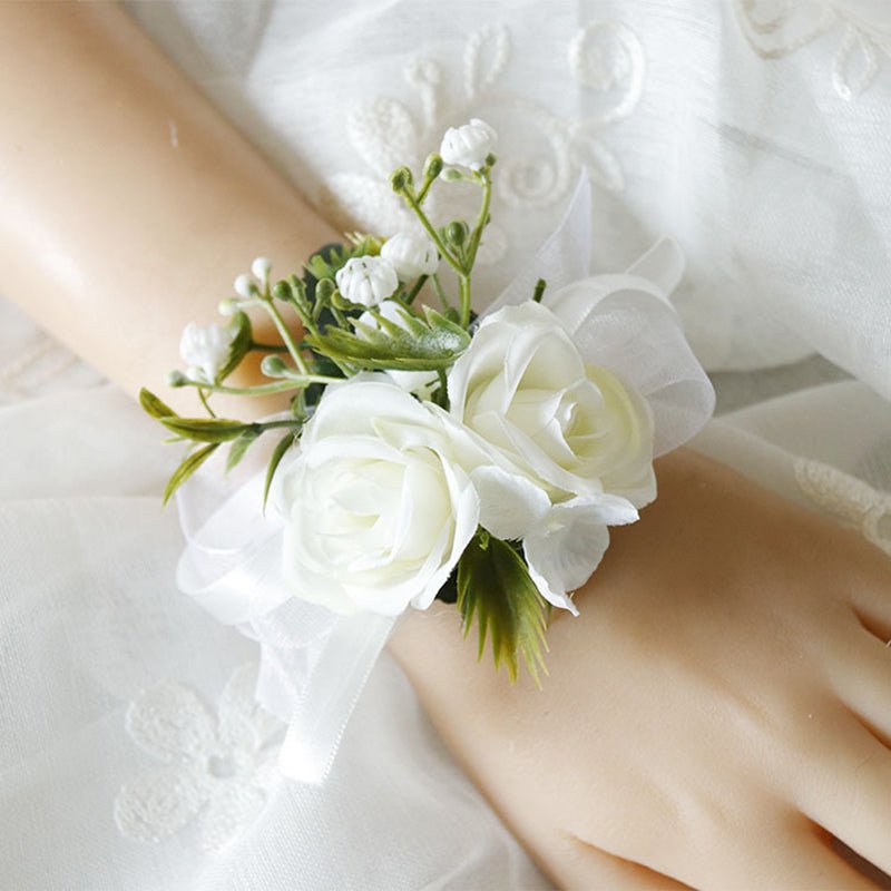 6 Pcs Wedding Two - Headed Rose Wrist Corsage White - YauSpark