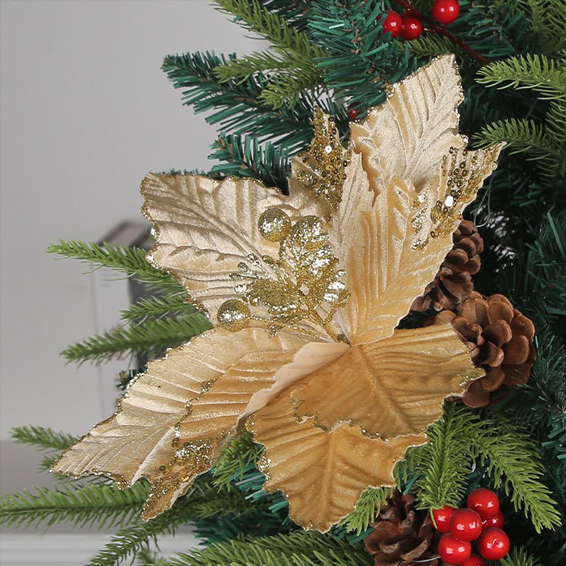 6Pcs Christmas Glitter Artificial Flowers Christmas Tree Ornaments Gold - YauSpark