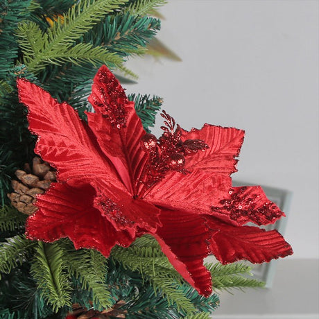6Pcs Christmas Glitter Artificial Flowers Christmas Tree Ornaments Red - YauSpark