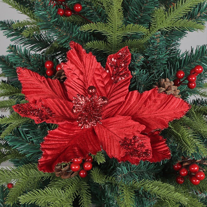 6Pcs Christmas Glitter Artificial Flowers Christmas Tree Ornaments Red - YauSpark