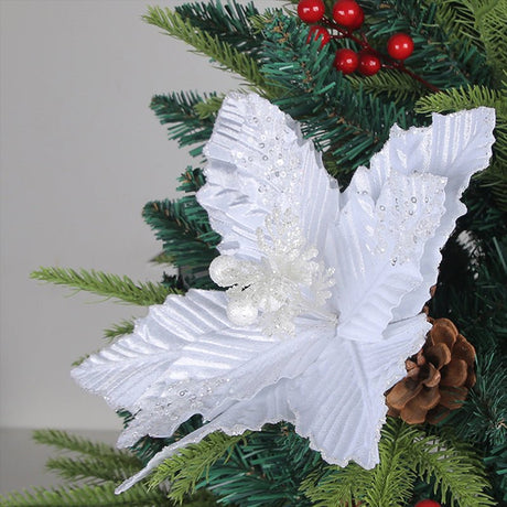 6Pcs Christmas Glitter Artificial Flowers Christmas Tree Ornaments White - YauSpark