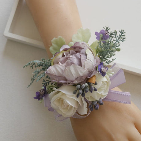 6pcs Wedding Accessories Wrist Corsage Purple Peony - YauSpark