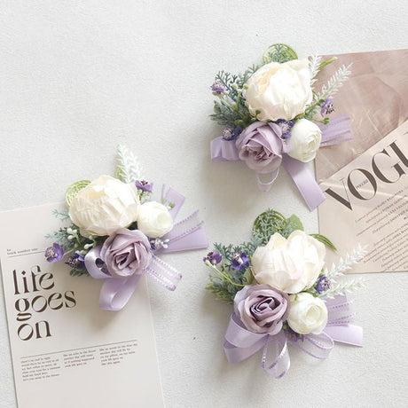 6pcs Wedding Accessories Wrist Corsage White Peony - YauSpark