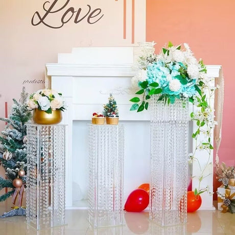 Acrylic Flower Pedestal Vase Pillar Stand Clear with Crystal Beads 39" - YauSpark