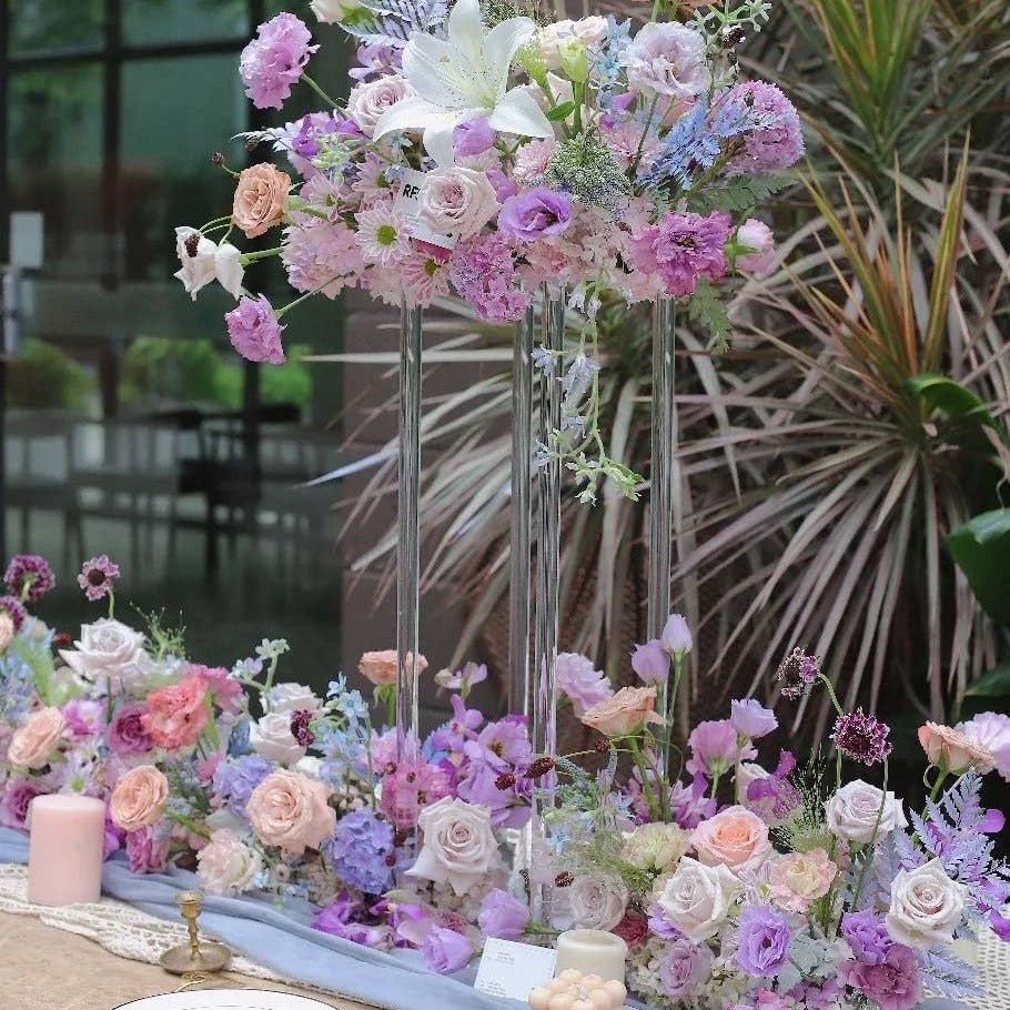 Acrylic Flower Vase Pillar Stand Clear with Square Mirror Base - YauSpark