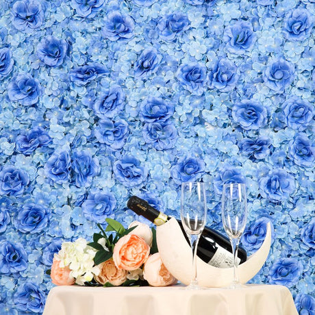 Blue 3D Silk Rose and Hydrangea Flower Wall Mat Backdrop - 4 Artificial Panels - YauSpark