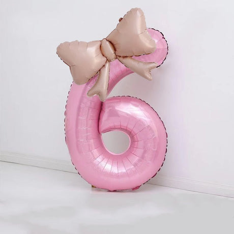 Bow Number Balloons Foil Mylar Large 40” Number 6 Pearl Pink - YauSpark