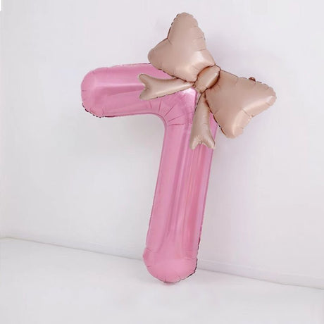 Bow Number Balloons Foil Mylar Large 40” Number 7 Pearl Pink - YauSpark