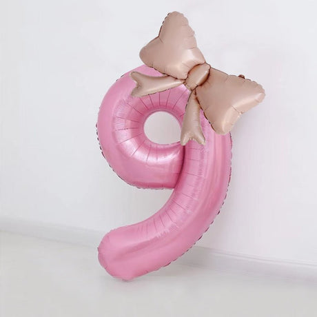Bow Number Balloons Foil Mylar Large 40” Number 9 Pearl Pink - YauSpark