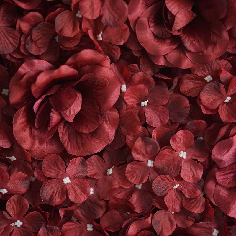 Burgundy 3D Silk Rose and Hydrangea Flower Wall Mat Backdrop - 4 Artificial Panels - YauSpark