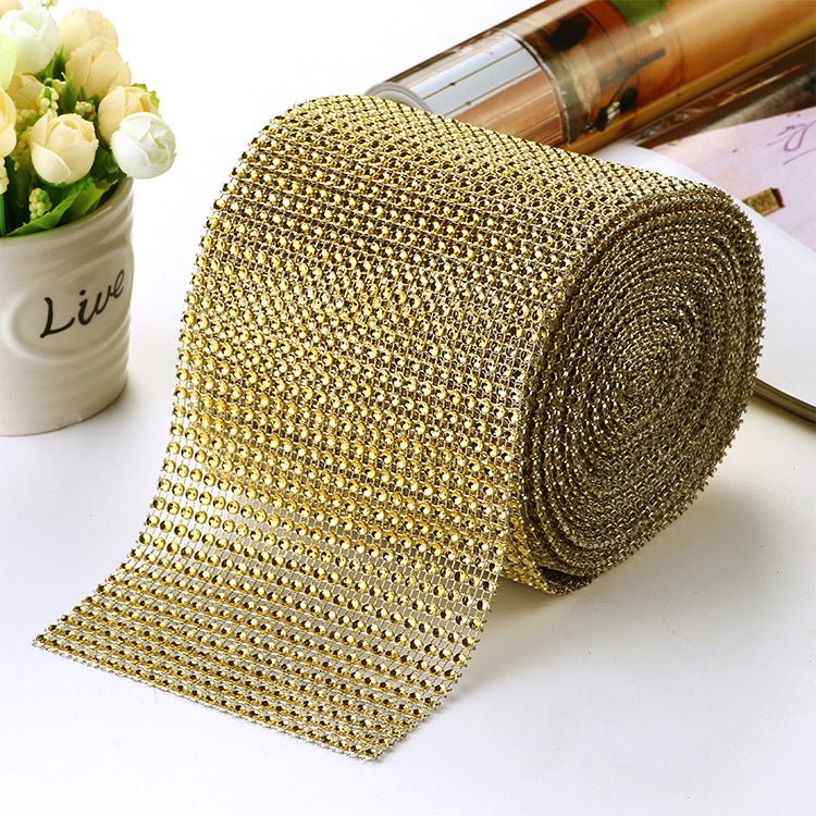 Diamond Rhinestone Ribbon Wrap Roll 5"x10 Yards Shiny Gold - YauSpark