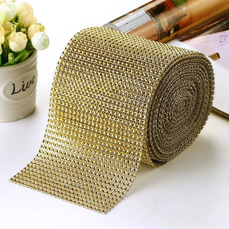 Diamond Rhinestone Ribbon Wrap Roll 5"x10 Yards Shiny Gold - YauSpark