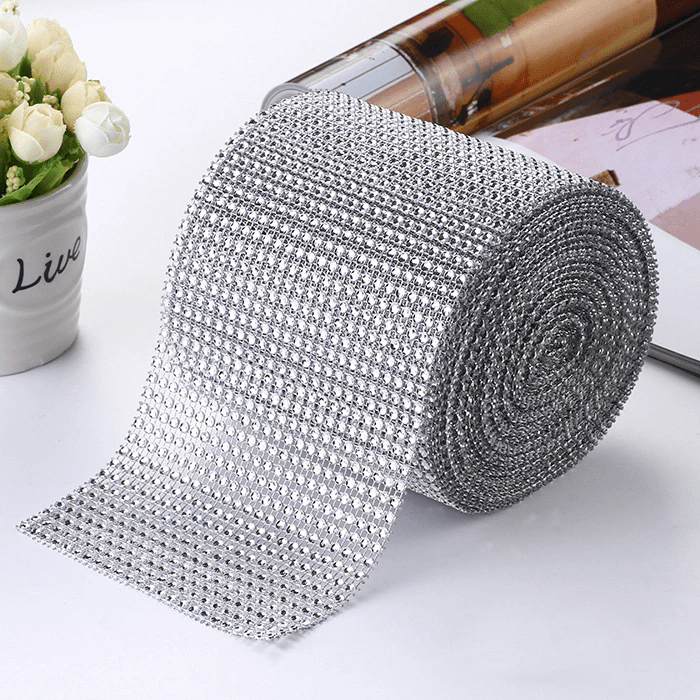 Diamond Rhinestone Ribbon Wrap Roll 5"x10 Yards Shiny Silver - YauSpark