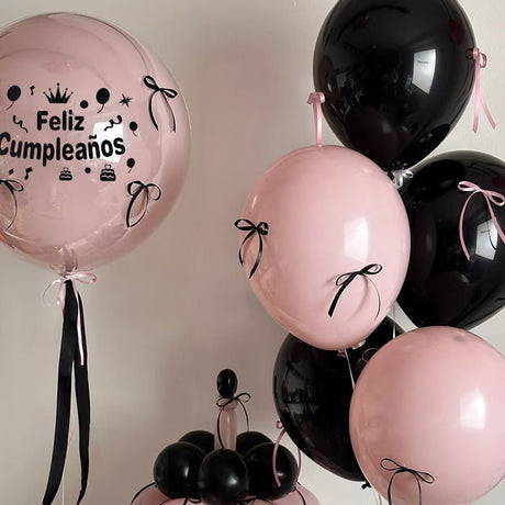 DIY Ribbon Bow Balloons Set with BOBO Balloon 18" Soft Pink Black - YauSpark
