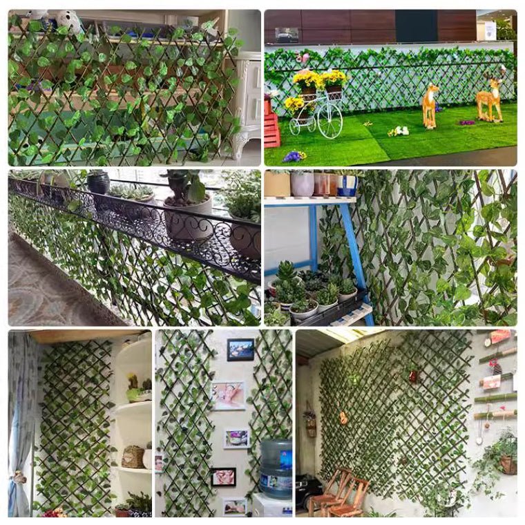 Expandable Wooden Lattice Fence With Artificial Ivy Leaf Trellis Vines, Accordion Backdrop Fencing 8"x98" - YauSpark