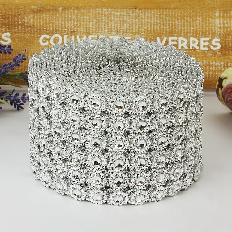 Fleur Diamond Rhinestone Ribbon Wrap Roll 4"x10 Yards Silver - YauSpark