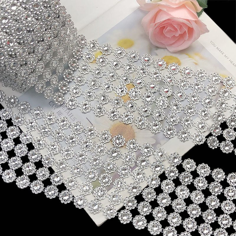 Fleur Diamond Rhinestone Ribbon Wrap Roll 4"x10 Yards Silver - YauSpark