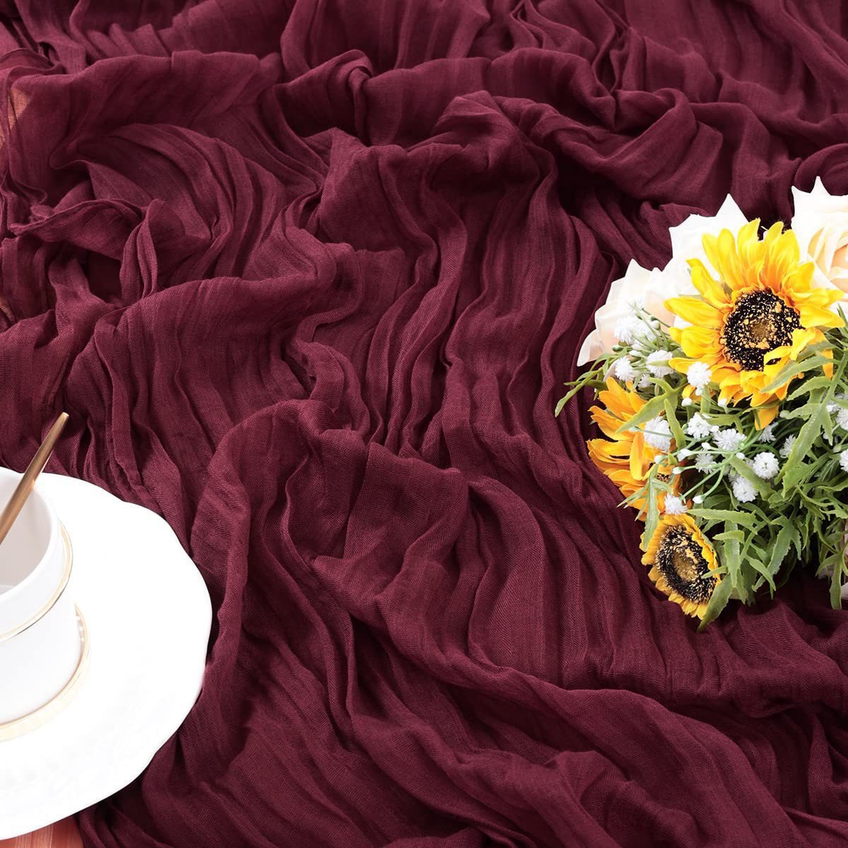 Gauze Cotton And Linen Table Runner 10ft Wine Red - YauSpark