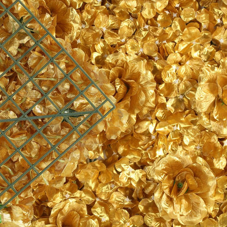 Gold 3D Silk Rose and Hydrangea Flower Wall Mat Backdrop - 4 Artificial Panels - YauSpark