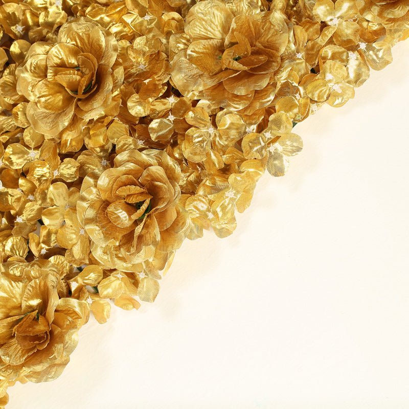 Gold 3D Silk Rose and Hydrangea Flower Wall Mat Backdrop - 4 Artificial Panels - YauSpark