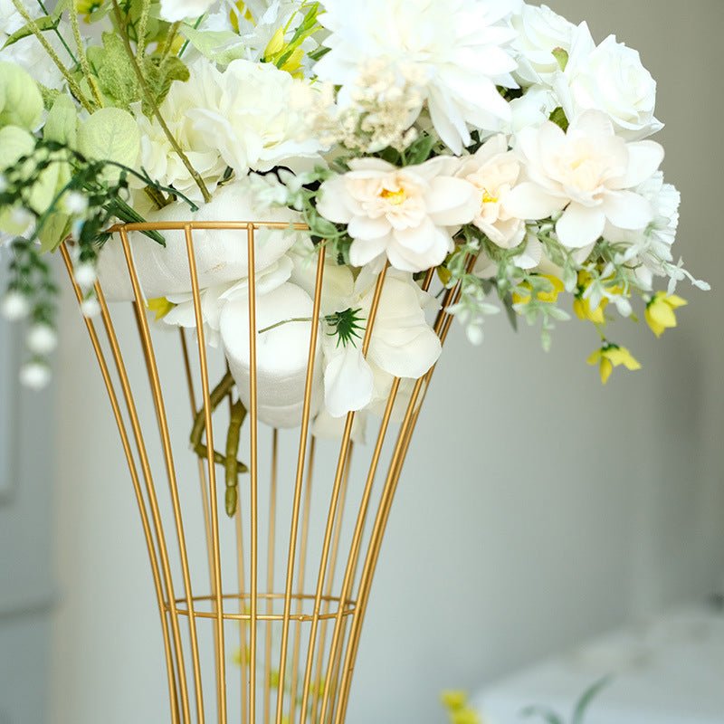 Gold Metal Flower Centerpiece Stand 24" Hourglass Trumpet Shape Open Frame Design - YauSpark