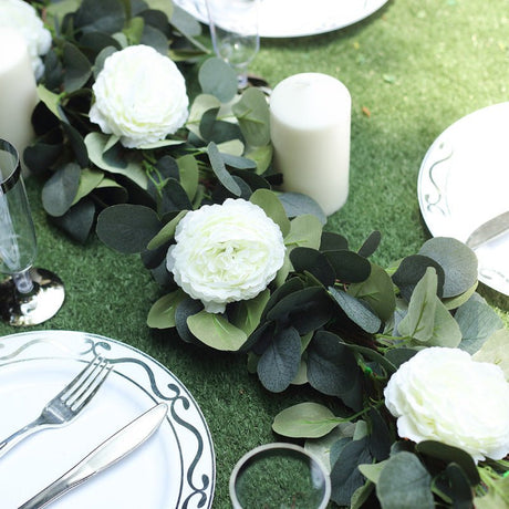 Green Artificial Eucalyptus Leaf, Ranunculus Flower Garland Vine 40" - YauSpark