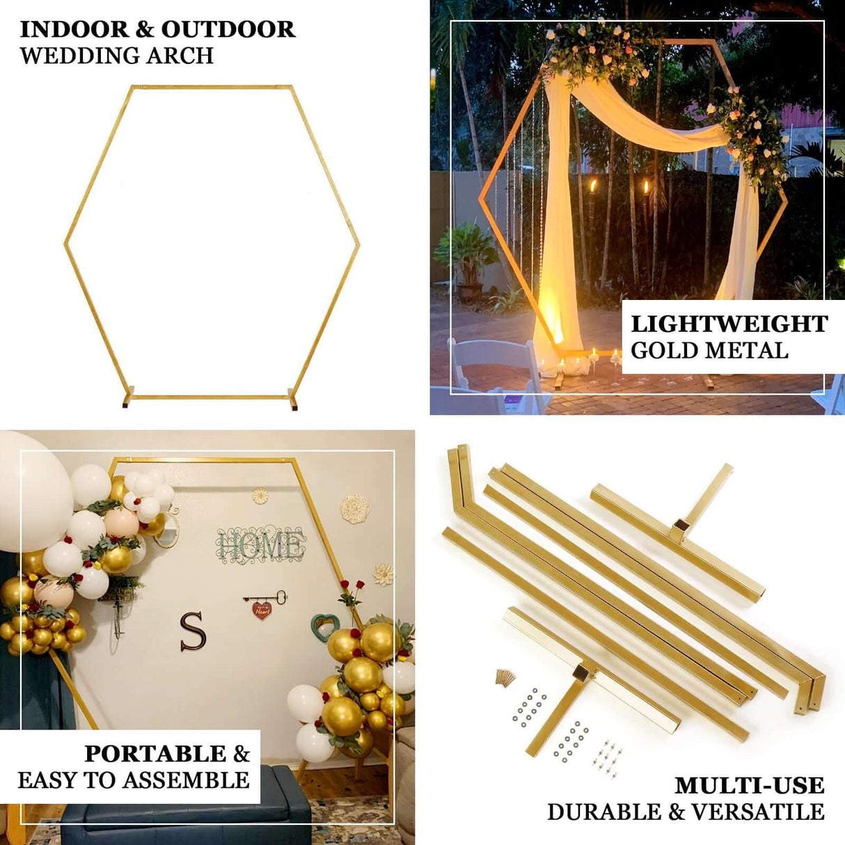 Heavy Duty Gold Metal Hexagonal Wedding Arch Photo Backdrop Stand 7.87ft - YauSpark