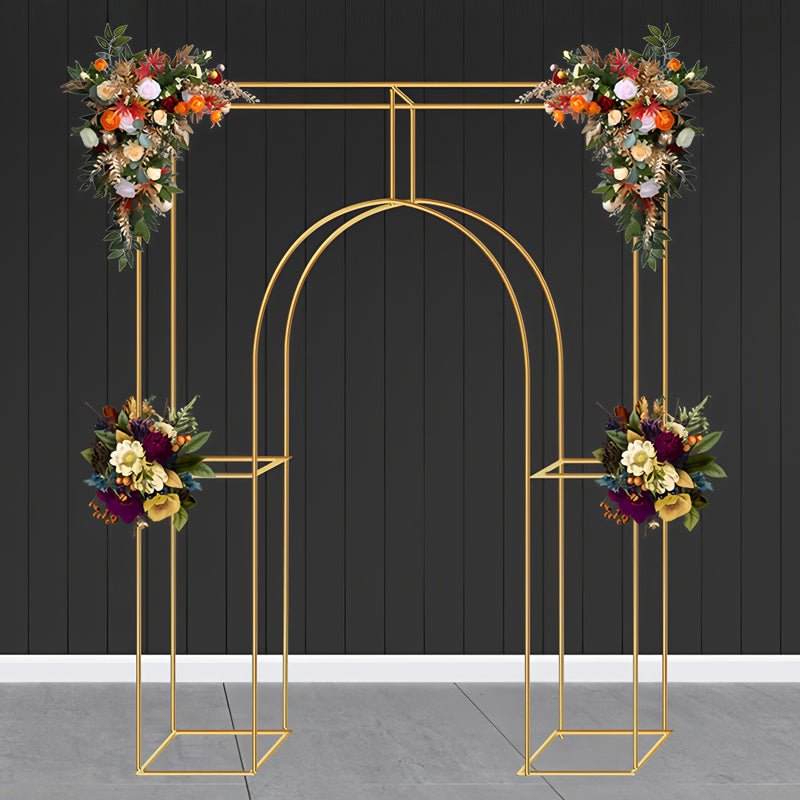 Heavy Duty Gold Metal Rectangular Wedding Arch in Arc de Triomphe Style, 3D Floral Balloon Frame Backdrop Stand - 8.5ft - YauSpark