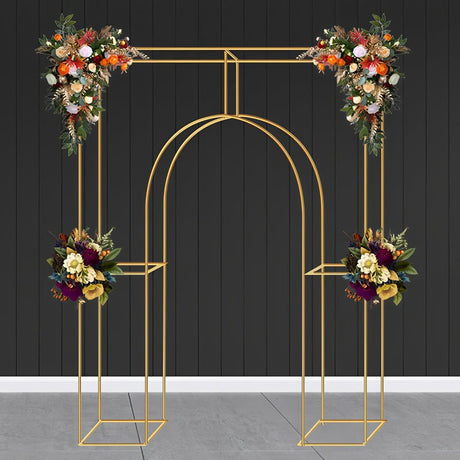 Heavy Duty Gold Metal Rectangular Wedding Arch in Arc de Triomphe Style, 3D Floral Balloon Frame Backdrop Stand - 8.5ft - YauSpark