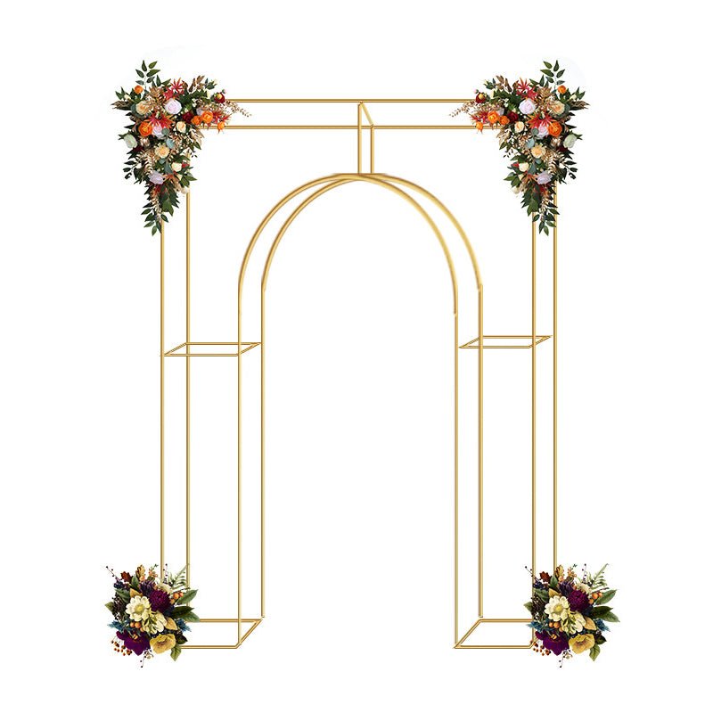 Heavy Duty Gold Metal Rectangular Wedding Arch in Arc de Triomphe Style, 3D Floral Balloon Frame Backdrop Stand - 8.5ft - YauSpark