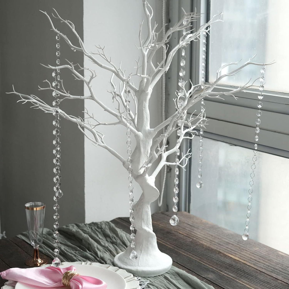 Manzanita Tree Centerpiece 34" White with 8 Acrylic Bead Chains - YauSpark