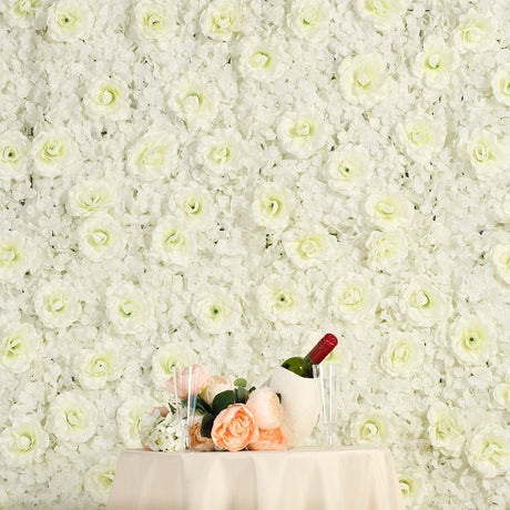 Milky White 3D Silk Rose and Hydrangea Flower Wall Mat Backdrop - 4 Artificial Panels - YauSpark