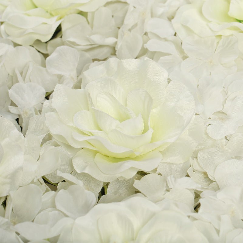 Milky White 3D Silk Rose and Hydrangea Flower Wall Mat Backdrop - 4 Artificial Panels - YauSpark