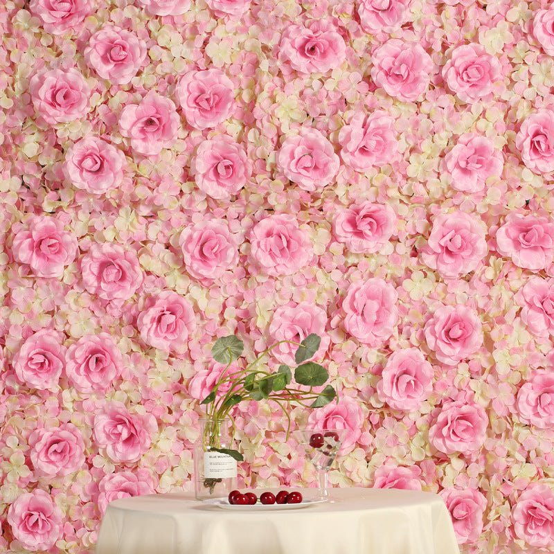 Pink 3D Silk Rose and Hydrangea Flower Wall Mat Backdrop - 4 Artificial Panels - YauSpark